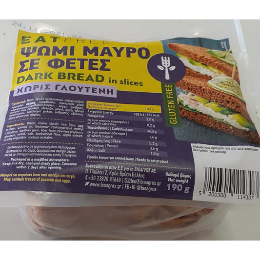 Ψωμί μαύρο σε φέτες χ/γλουτ, 190γρ., eat free, Βιοαγρός